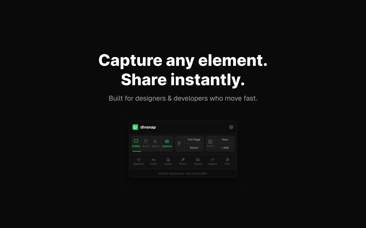 DivSnap extension UI showing capture and design tooling.